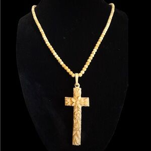 Antique Museum Quality Hand Carved Bovine Bone Flower Cross Pendant Necklace